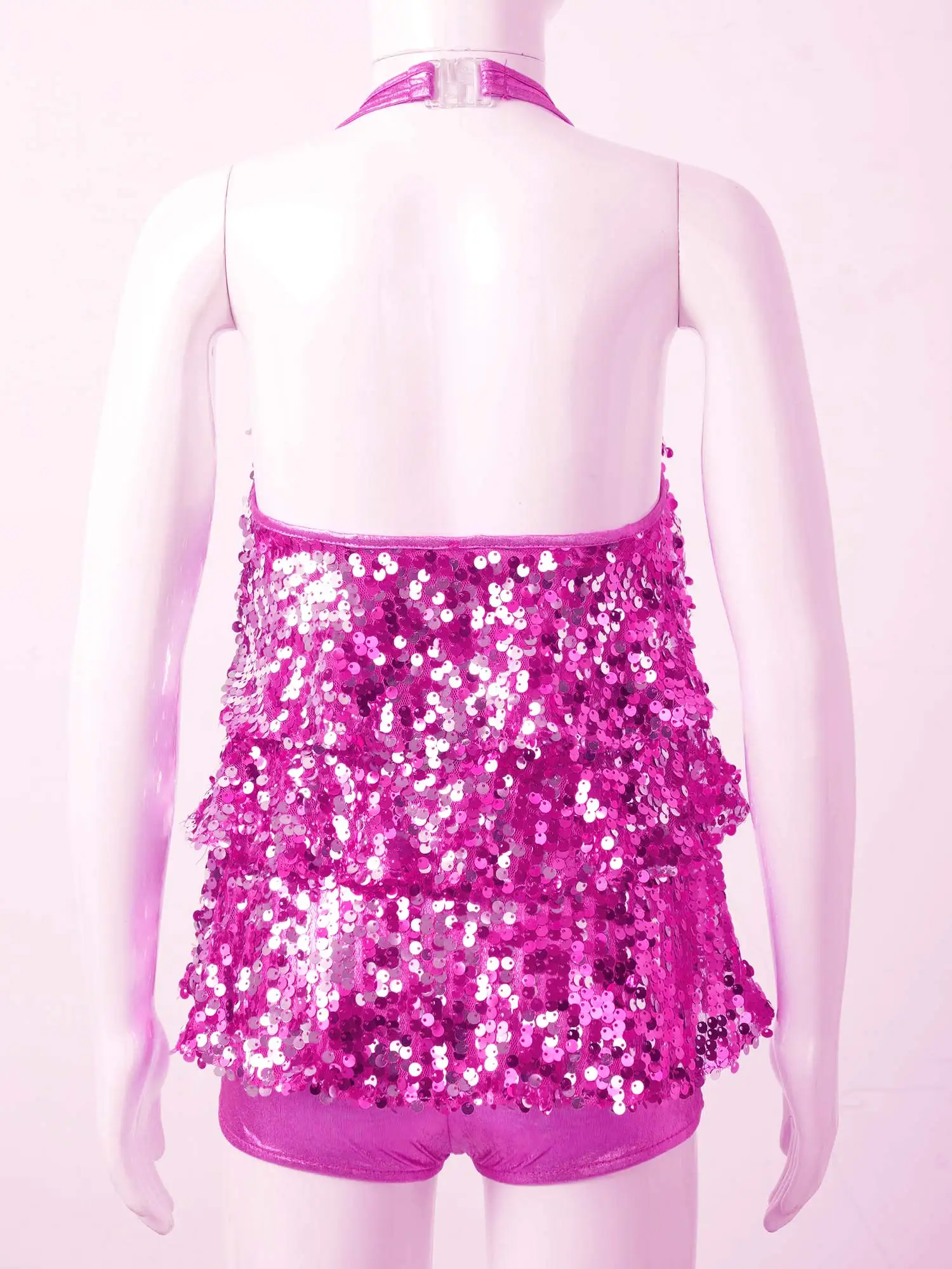 Kids Halter Shiny Sequins Gymnastics Shorty Unitards Dress Girls Ballet Leotard Stage Performance Latin Jazz Dance Costume