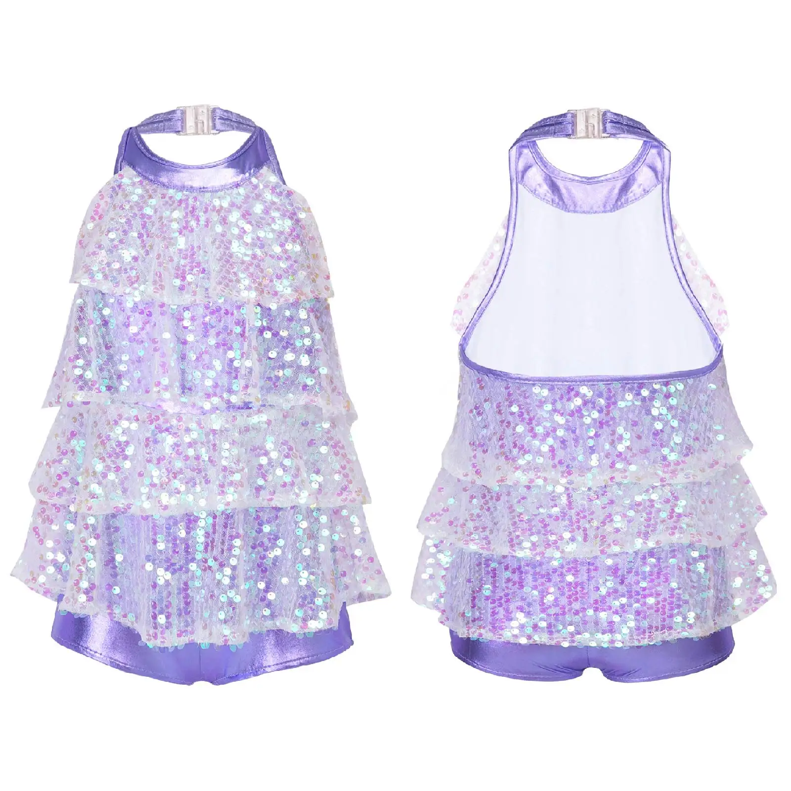 Kids Halter Shiny Sequins Gymnastics Shorty Unitards Dress Girls Ballet Leotard Stage Performance Latin Jazz Dance Costume