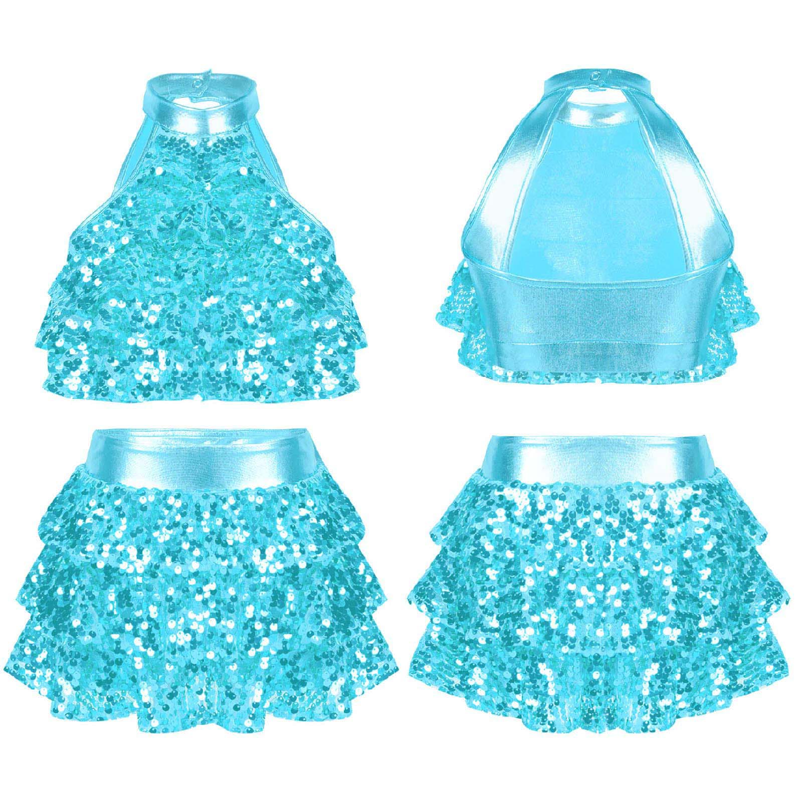 Kids Halter Shiny Sequins Gymnastics Shorty Unitards Dress Girls Ballet Leotard Stage Performance Latin Jazz Dance Costume