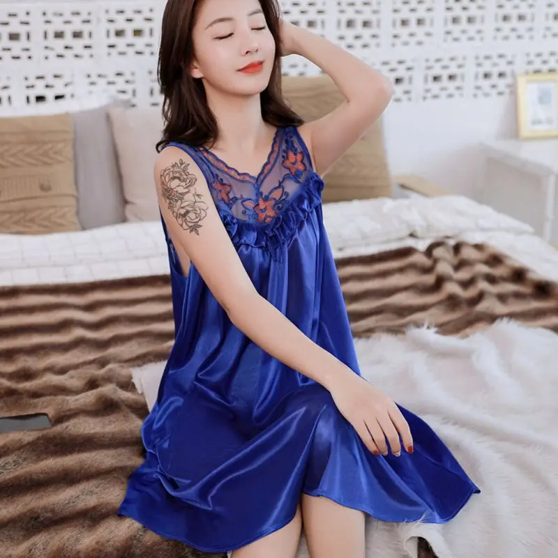 Womens Summer Lace Ice Silk Nightdress Short Sleeve Loose Plus Size Nightgown Sleepwear