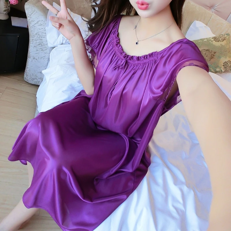 Womens Summer Lace Ice Silk Nightdress Short Sleeve Loose Plus Size Nightgown Sleepwear