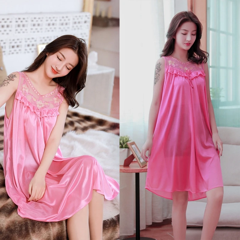 Womens Summer Lace Ice Silk Nightdress Short Sleeve Loose Plus Size Nightgown Sleepwear