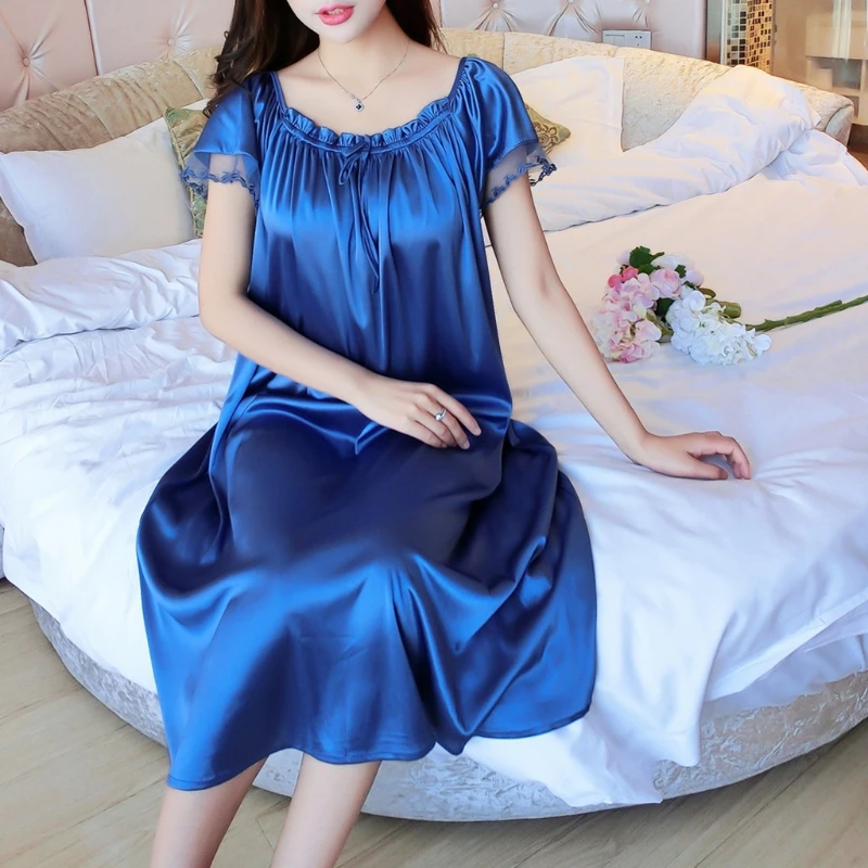 Womens Summer Lace Ice Silk Nightdress Short Sleeve Loose Plus Size Nightgown Sleepwear