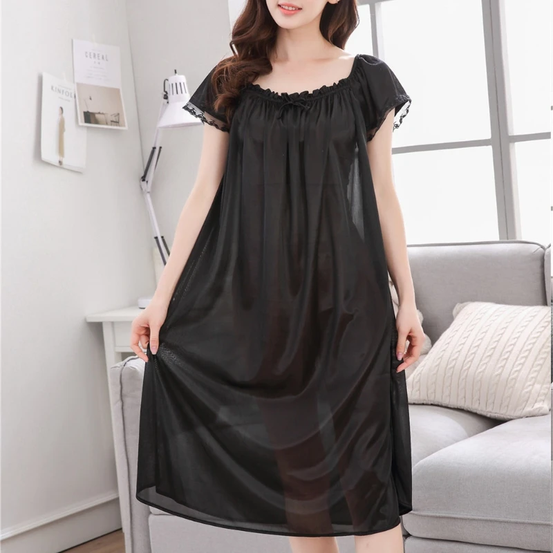 Womens Summer Lace Ice Silk Nightdress Short Sleeve Loose Plus Size Nightgown Sleepwear