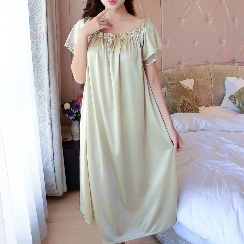 Womens Summer Lace Ice Silk Nightdress Short Sleeve Loose Plus Size Nightgown Sleepwear