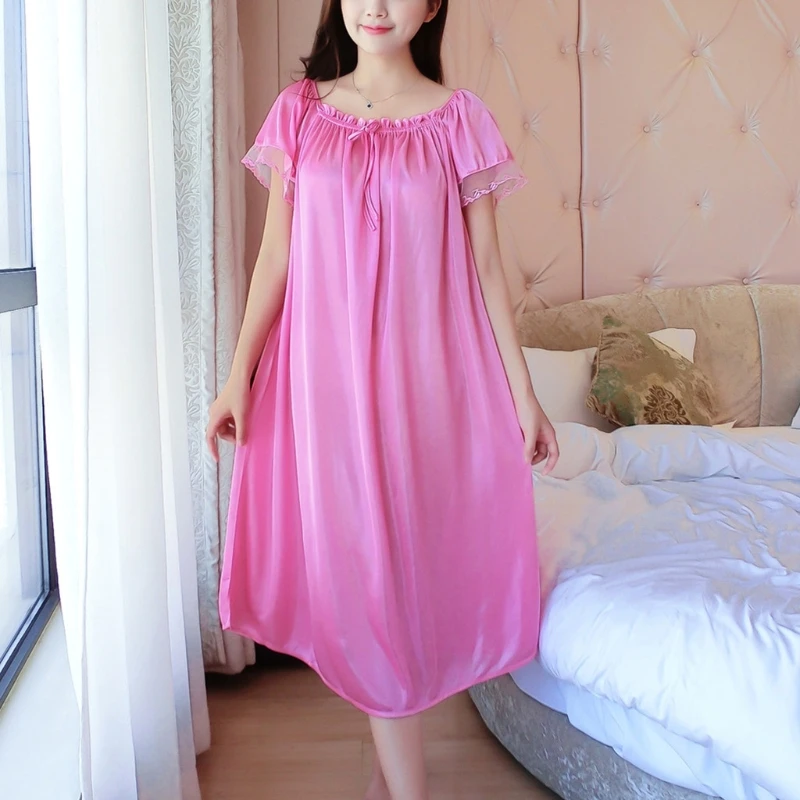 Womens Summer Lace Ice Silk Nightdress Short Sleeve Loose Plus Size Nightgown Sleepwear