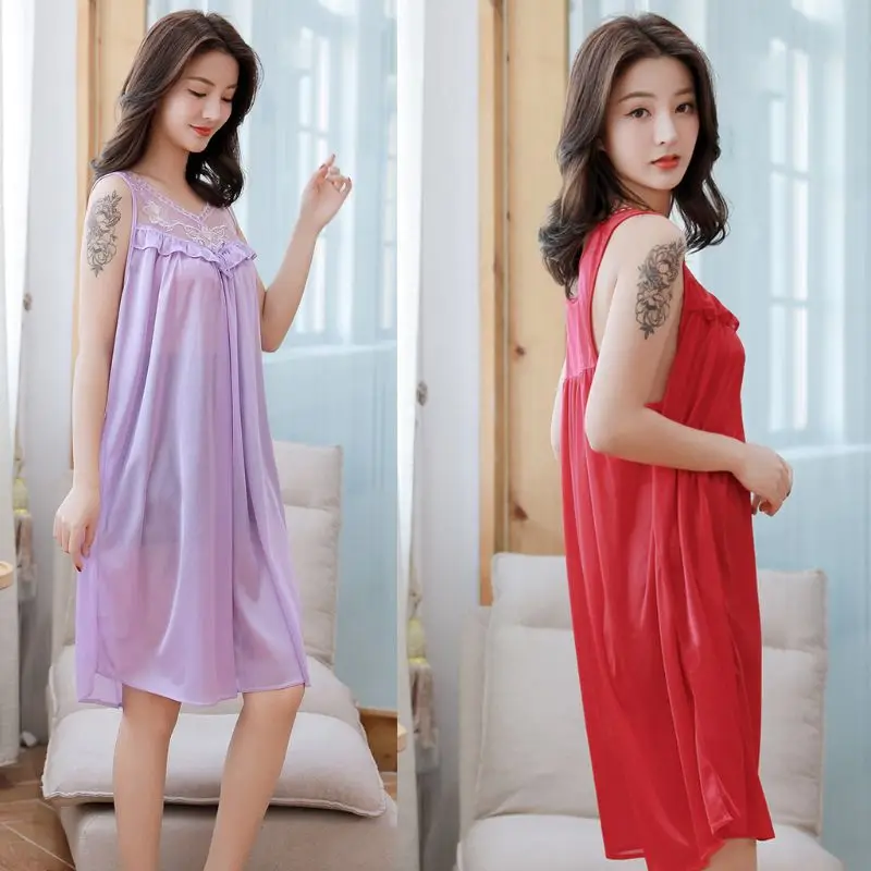 Womens Summer Lace Ice Silk Nightdress Short Sleeve Loose Plus Size Nightgown Sleepwear
