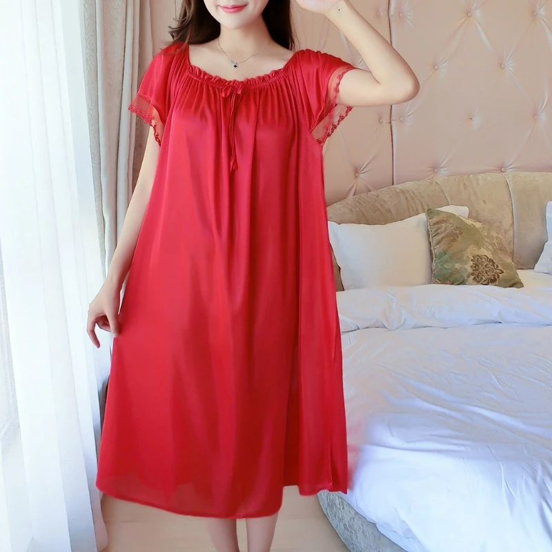 Womens Summer Lace Ice Silk Nightdress Short Sleeve Loose Plus Size Nightgown Sleepwear