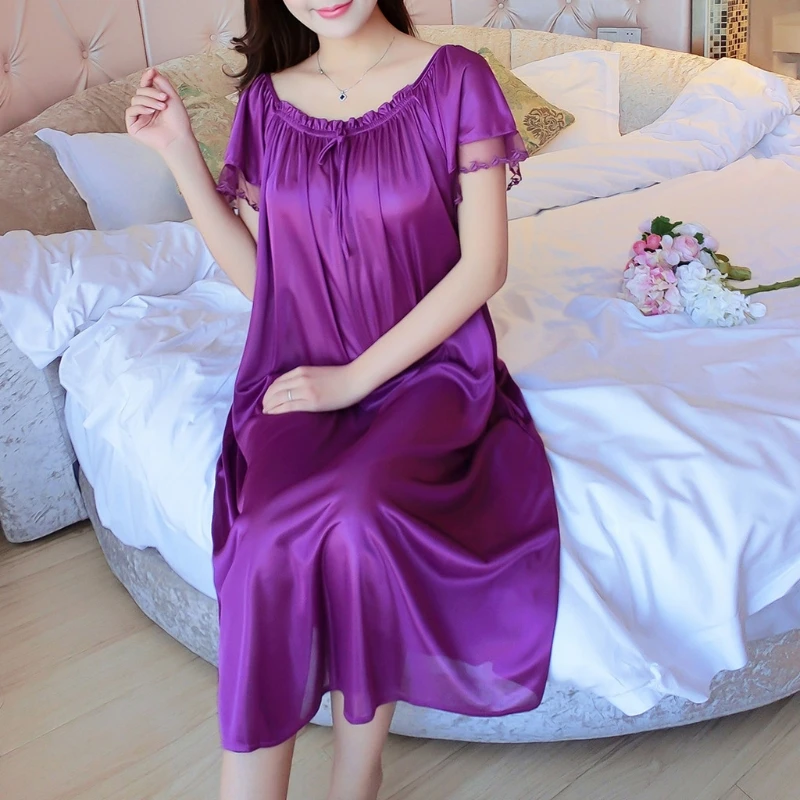 Womens Summer Lace Ice Silk Nightdress Short Sleeve Loose Plus Size Nightgown Sleepwear