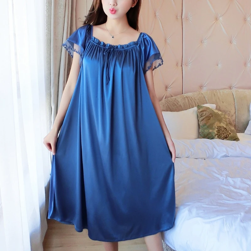 Womens Summer Lace Ice Silk Nightdress Short Sleeve Loose Plus Size Nightgown Sleepwear
