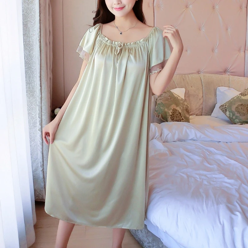 Womens Summer Lace Ice Silk Nightdress Short Sleeve Loose Plus Size Nightgown Sleepwear