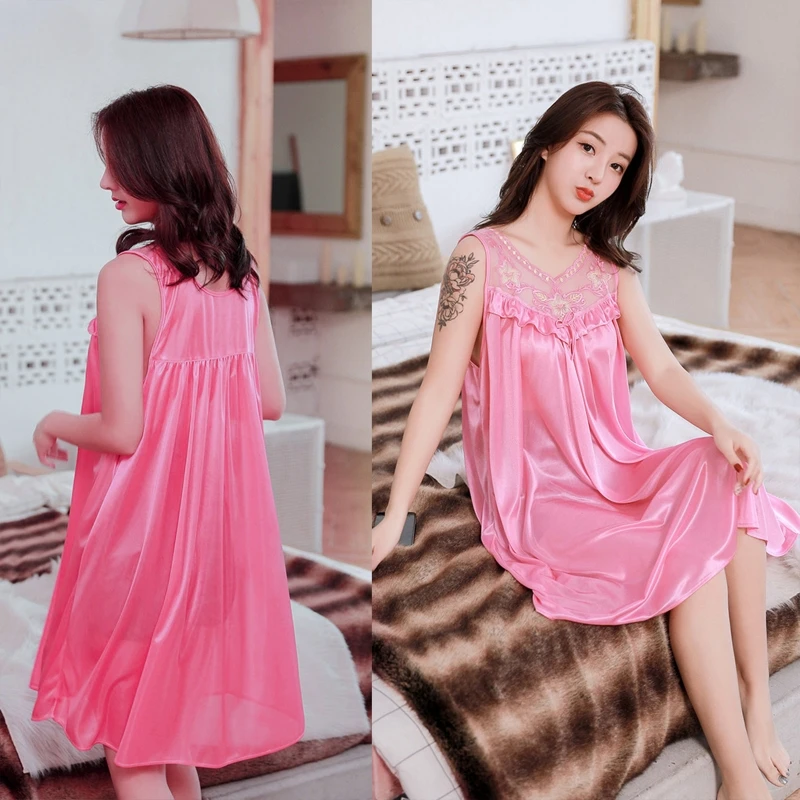 Womens Summer Lace Ice Silk Nightdress Short Sleeve Loose Plus Size Nightgown Sleepwear