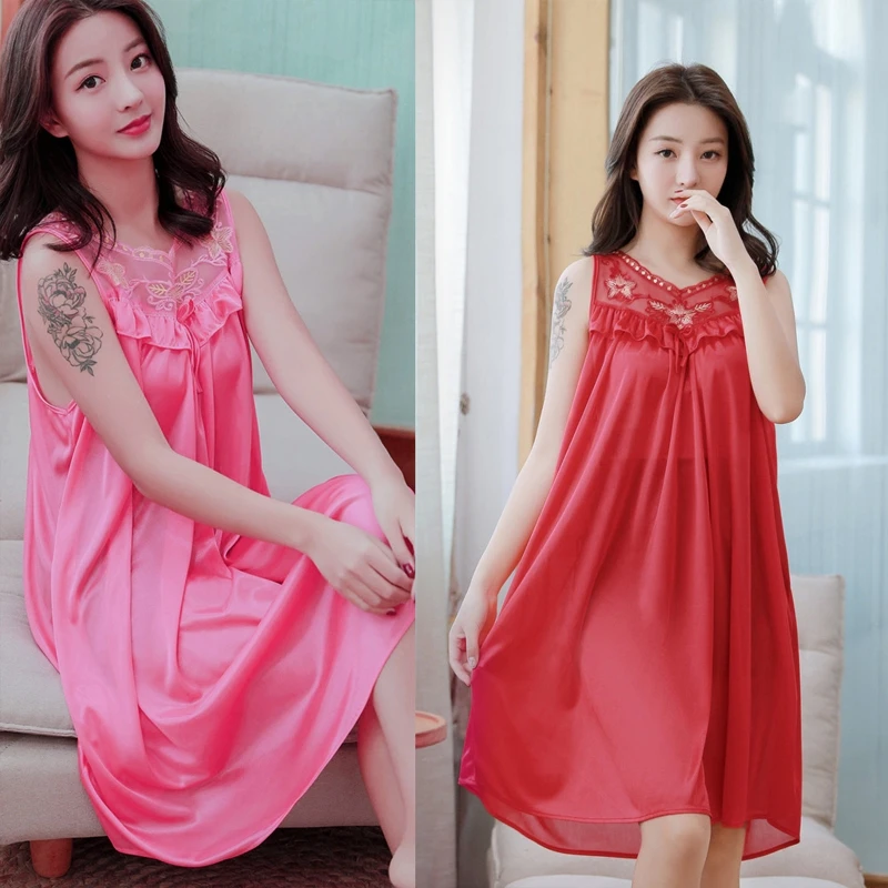 Womens Summer Lace Ice Silk Nightdress Short Sleeve Loose Plus Size Nightgown Sleepwear