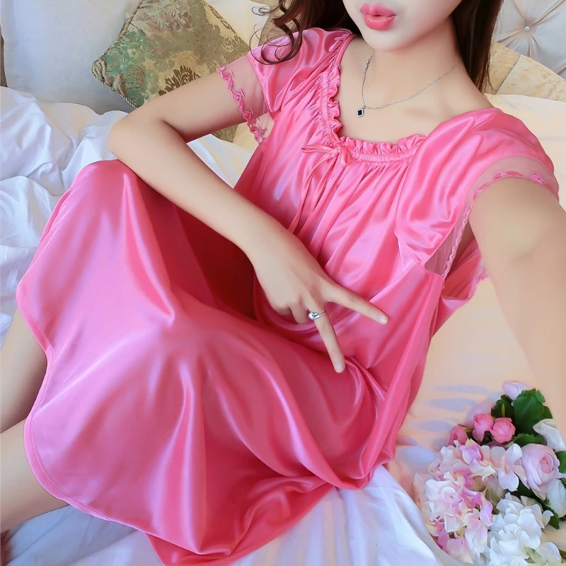 Womens Summer Lace Ice Silk Nightdress Short Sleeve Loose Plus Size Nightgown Sleepwear