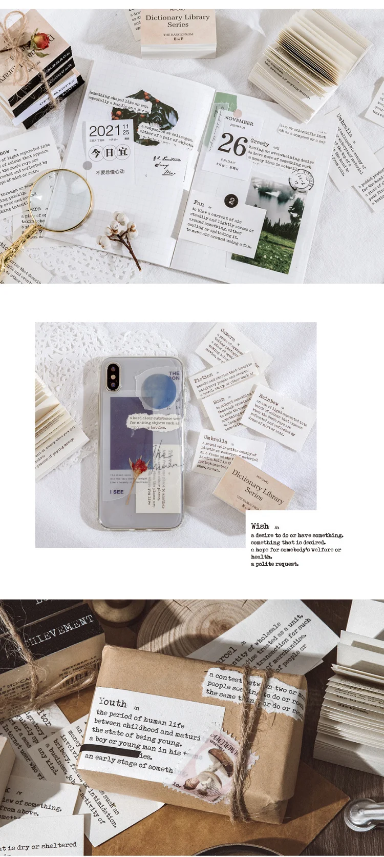 JIANWU 100 Sheets Dictionary Library Series Memo Pad Basic Decoration Material Paper Statement Notes Journal School Stationery