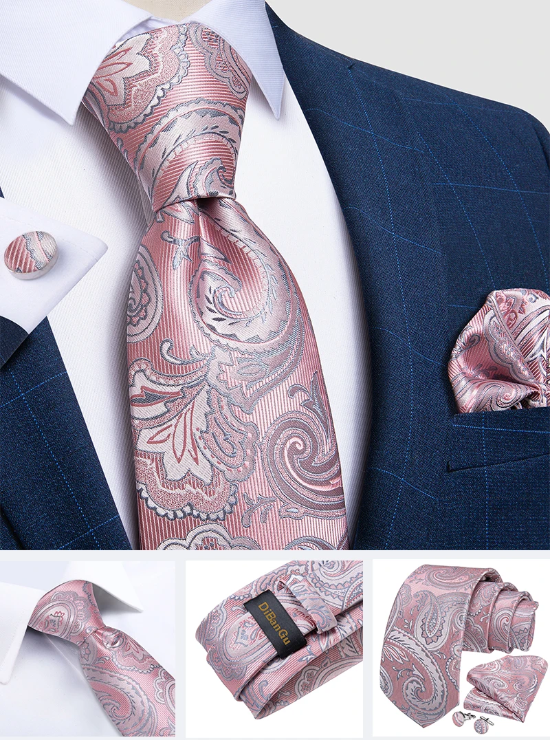 High Quality Pink Striped Paisley Men's Tie Set 8cm Business Wedding Party Accessories Men Necktie Hanky Set Men Gift