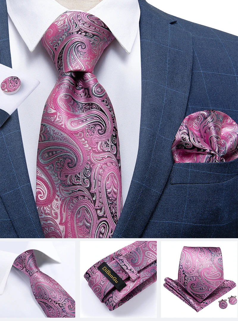 High Quality Pink Striped Paisley Men's Tie Set 8cm Business Wedding Party Accessories Men Necktie Hanky Set Men Gift