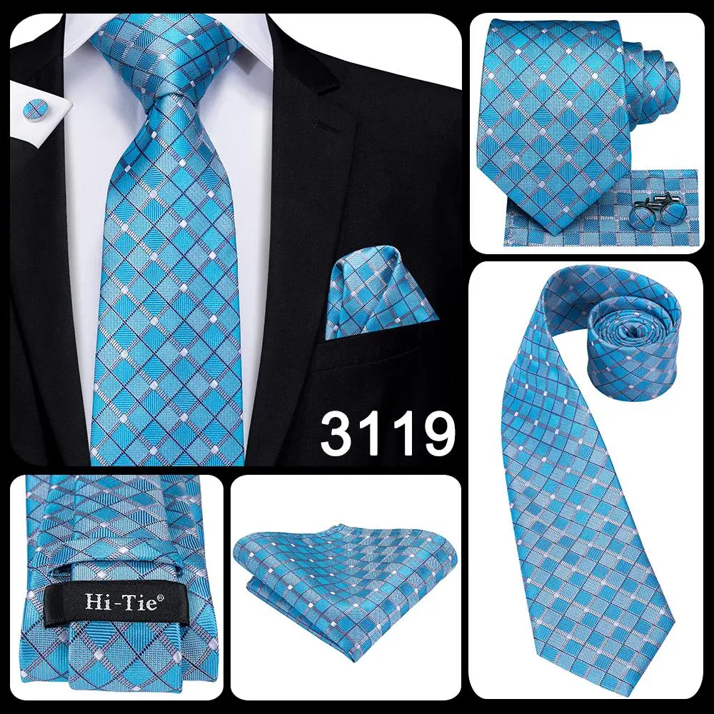 Hi-Tie Light Blue Striped Novelty Silk Wedding Tie For Men Handky Cufflinks Nicktie Set Fashion Design Business Party Dropship