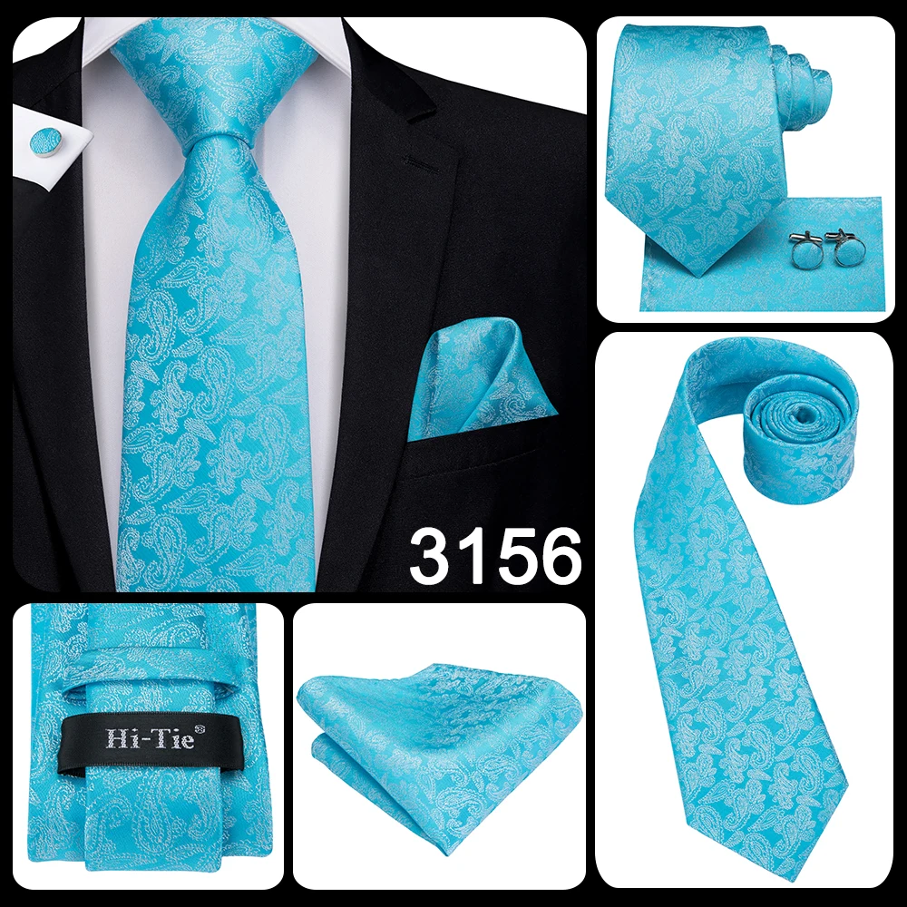 Hi-Tie Light Blue Striped Novelty Silk Wedding Tie For Men Handky Cufflinks Nicktie Set Fashion Design Business Party Dropship