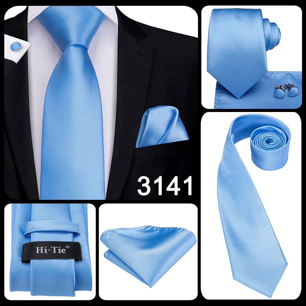 Hi-Tie Light Blue Striped Novelty Silk Wedding Tie For Men Handky Cufflinks Nicktie Set Fashion Design Business Party Dropship