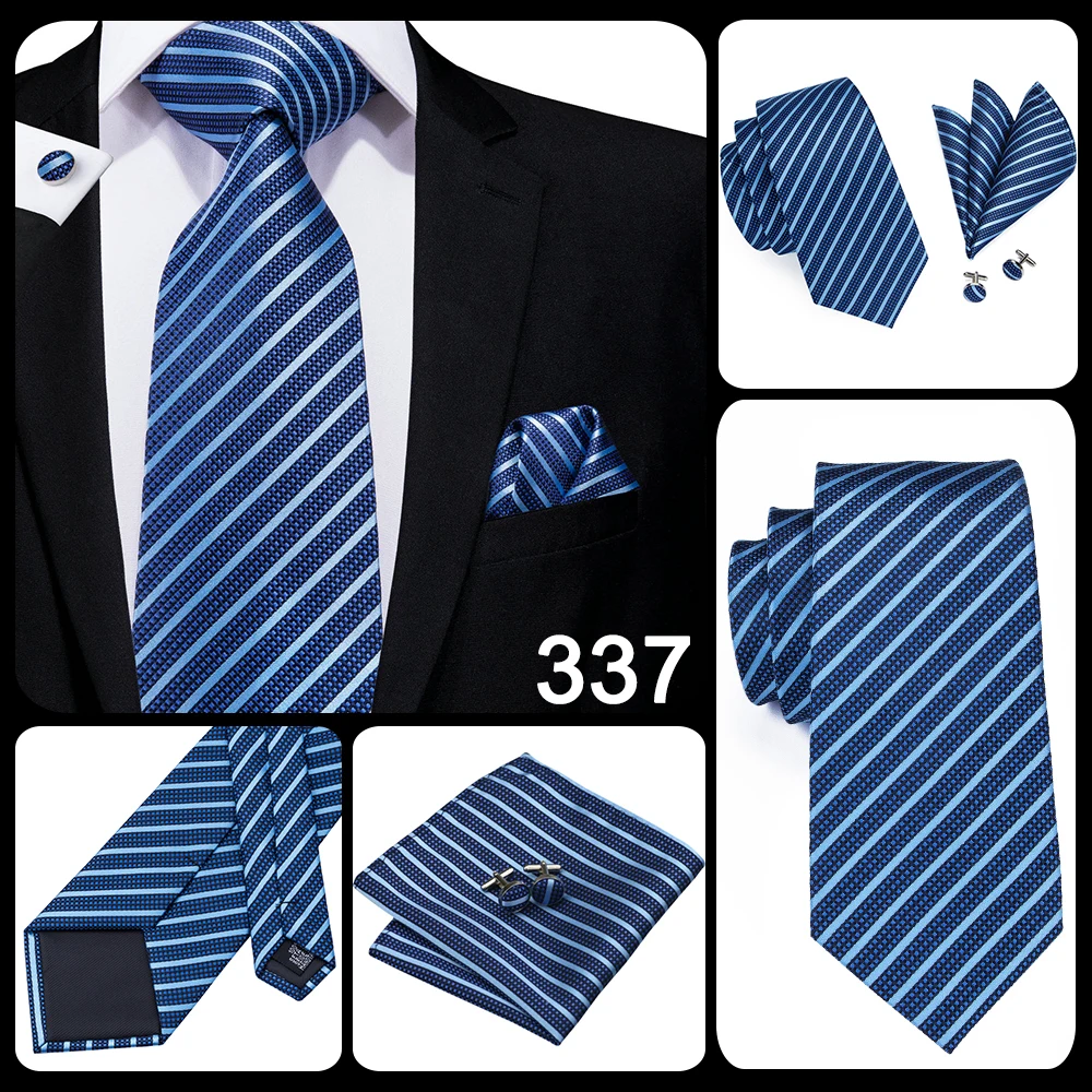 Hi-Tie Light Blue Striped Novelty Silk Wedding Tie For Men Handky Cufflinks Nicktie Set Fashion Design Business Party Dropship
