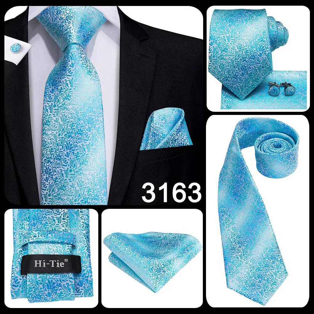 Hi-Tie Light Blue Striped Novelty Silk Wedding Tie For Men Handky Cufflinks Nicktie Set Fashion Design Business Party Dropship