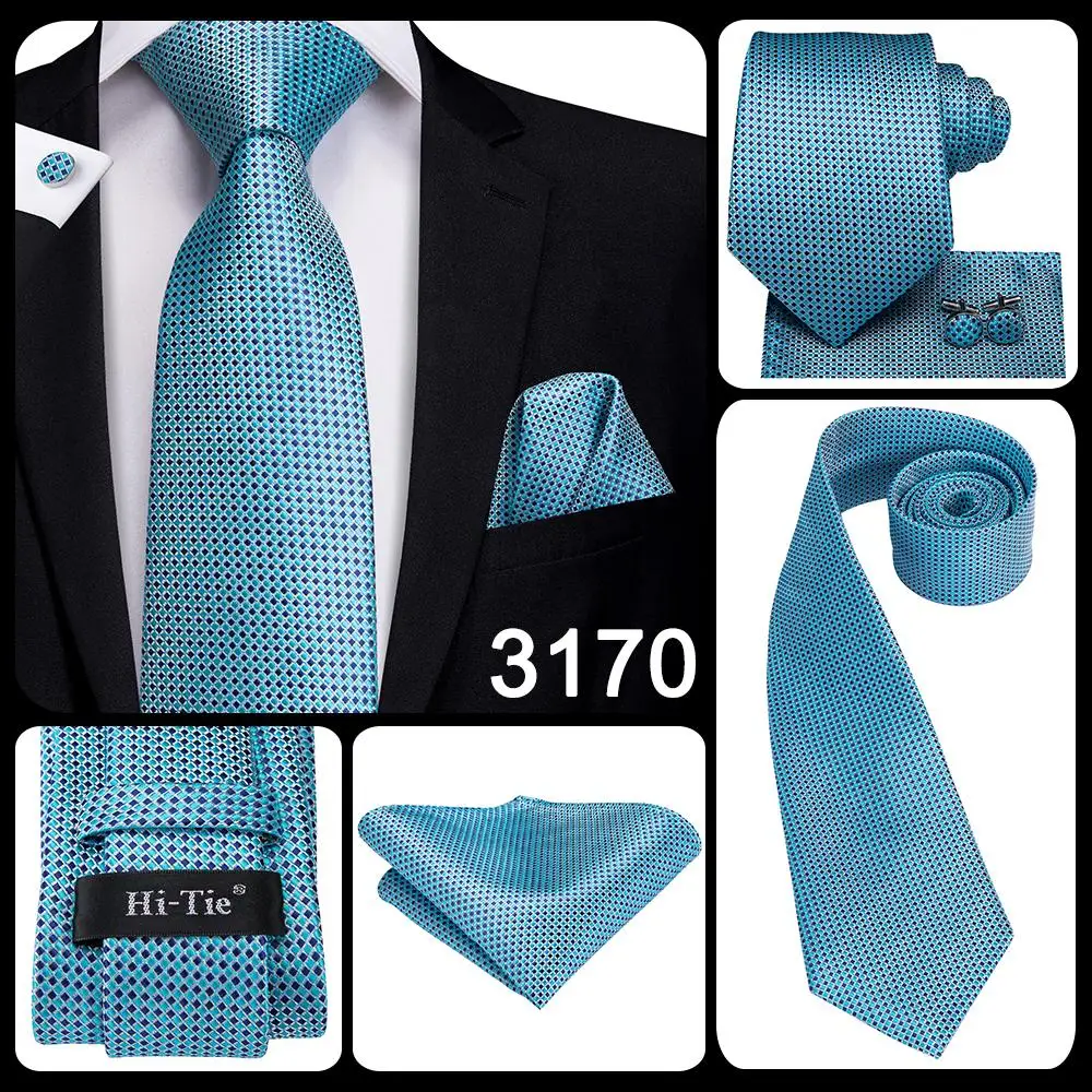 Hi-Tie Light Blue Striped Novelty Silk Wedding Tie For Men Handky Cufflinks Nicktie Set Fashion Design Business Party Dropship