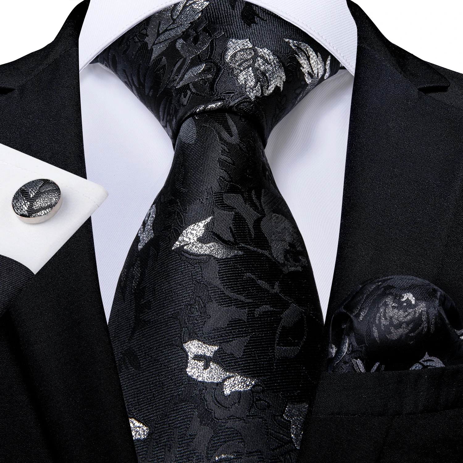Black Red Rose Floral Ties For Men 8cm Men's Neck Tie Handkerchief Cufflinks Set Business Wedding Tie Gift For Men DiBanGu