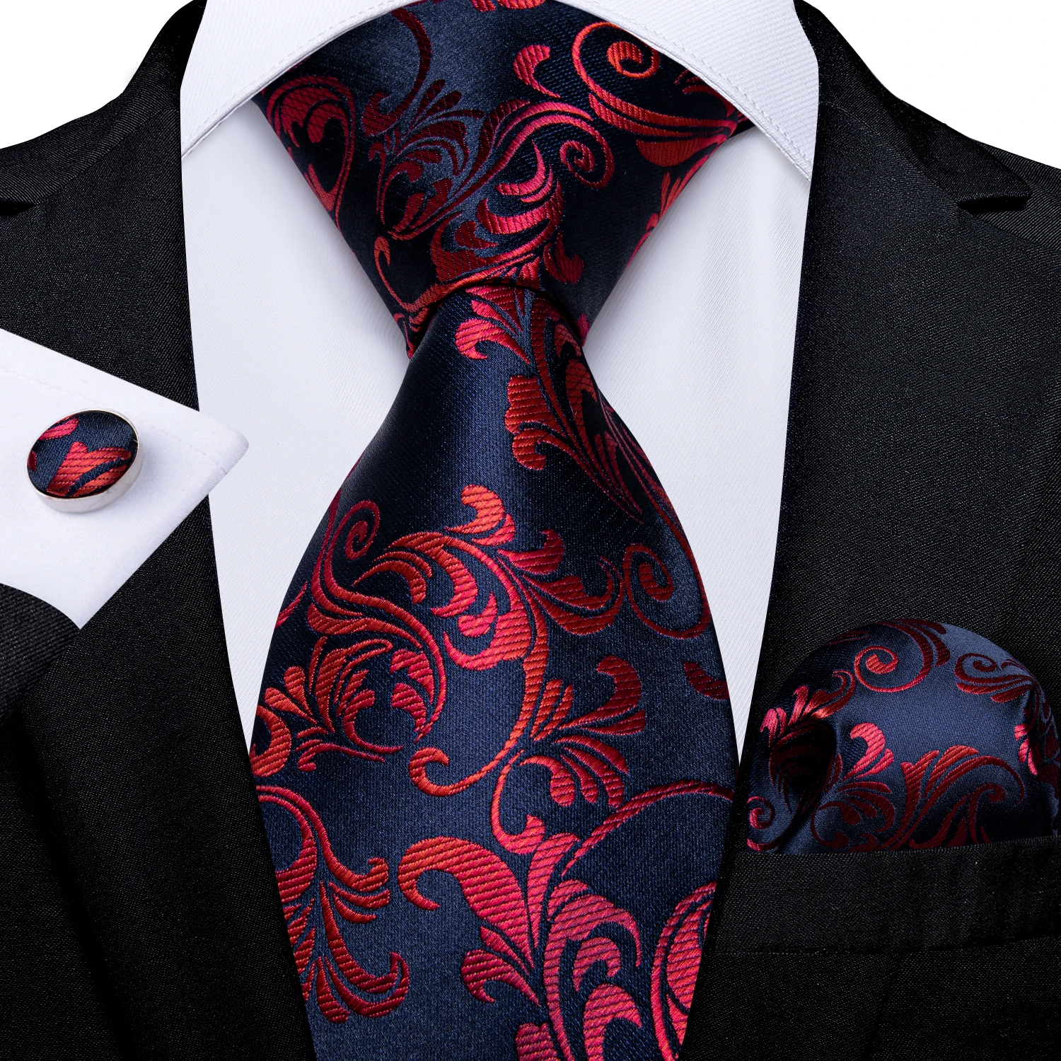 Black Red Rose Floral Ties For Men 8cm Men's Neck Tie Handkerchief Cufflinks Set Business Wedding Tie Gift For Men DiBanGu