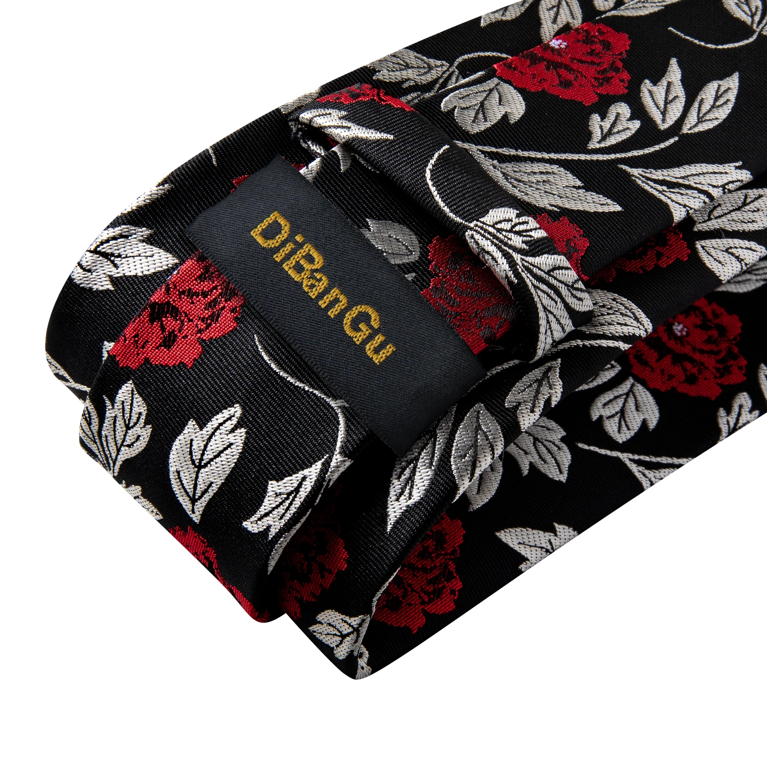 Black Red Rose Floral Ties For Men 8cm Men's Neck Tie Handkerchief Cufflinks Set Business Wedding Tie Gift For Men DiBanGu