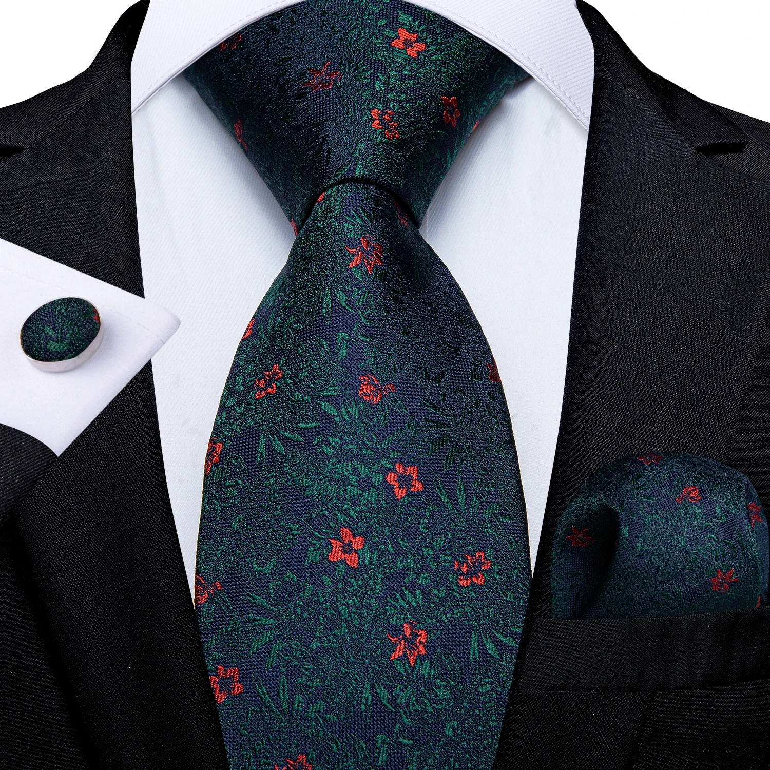 Black Red Rose Floral Ties For Men 8cm Men's Neck Tie Handkerchief Cufflinks Set Business Wedding Tie Gift For Men DiBanGu