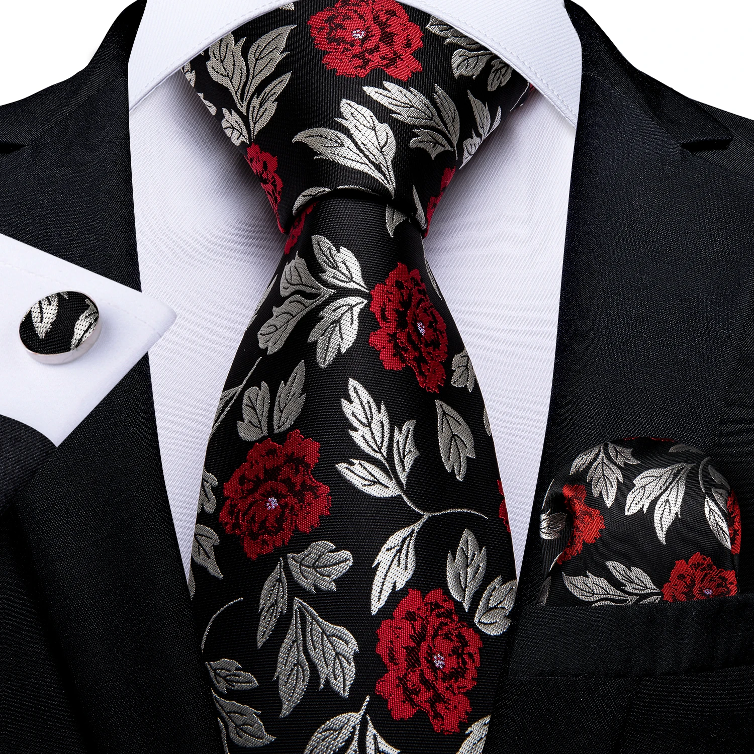 Black Red Rose Floral Ties For Men 8cm Men's Neck Tie Handkerchief Cufflinks Set Business Wedding Tie Gift For Men DiBanGu