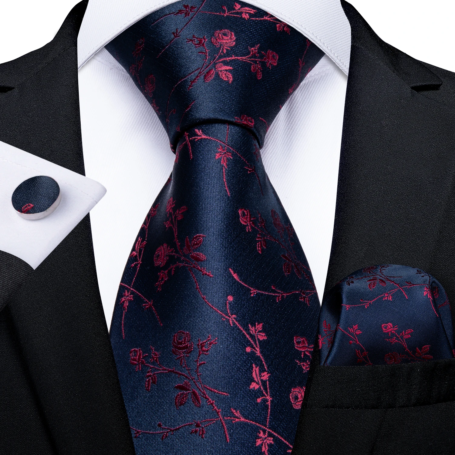 Black Red Rose Floral Ties For Men 8cm Men's Neck Tie Handkerchief Cufflinks Set Business Wedding Tie Gift For Men DiBanGu