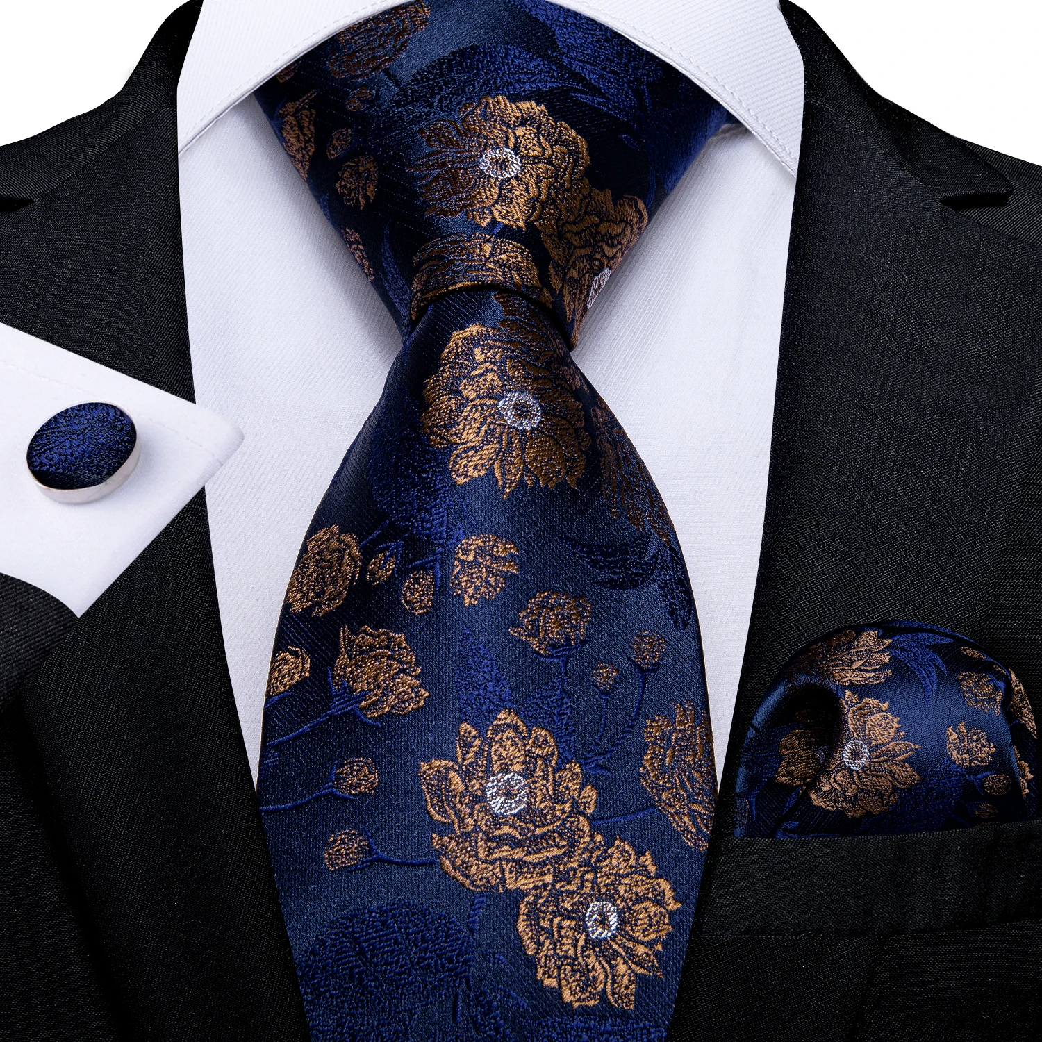Black Red Rose Floral Ties For Men 8cm Men's Neck Tie Handkerchief Cufflinks Set Business Wedding Tie Gift For Men DiBanGu