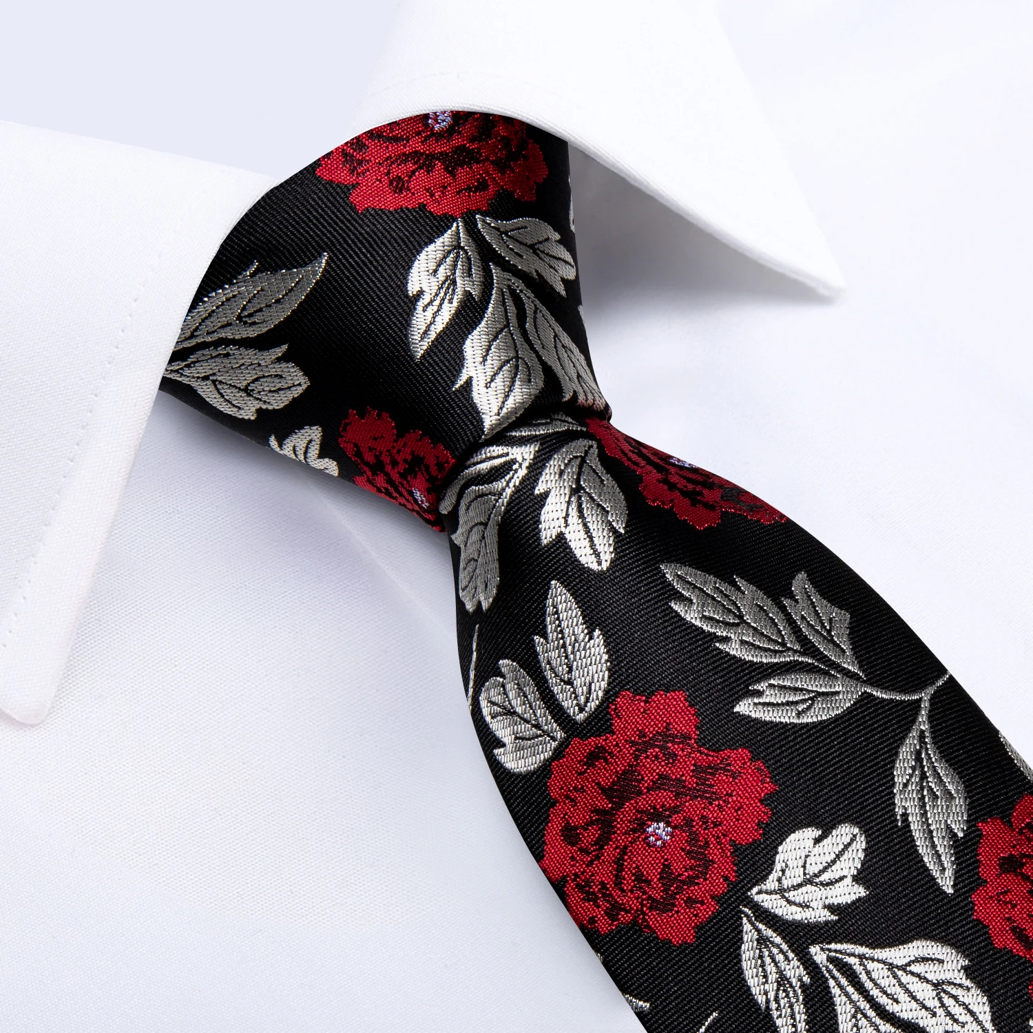 Black Red Rose Floral Ties For Men 8cm Men's Neck Tie Handkerchief Cufflinks Set Business Wedding Tie Gift For Men DiBanGu