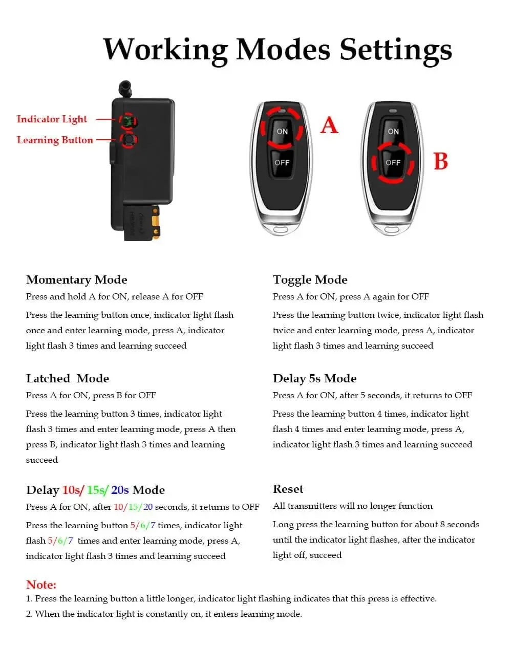 433Mhz Wireless Remote Control Switch AC 110V 220V 10A Relay 1CH Receiver Controller and 2botton RF 433 Mhz Transmitter