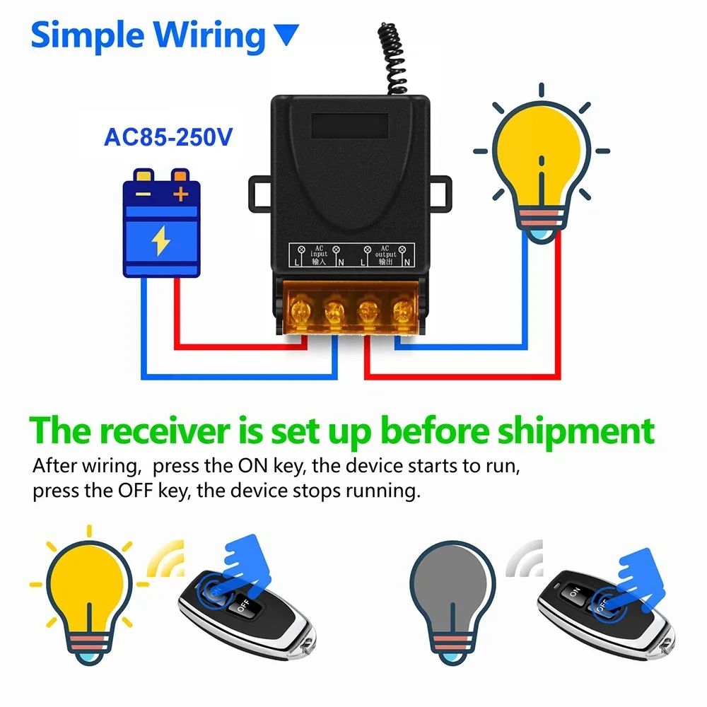 433Mhz Wireless Remote Control Switch AC 110V 220V 10A Relay 1CH Receiver Controller and 2botton RF 433 Mhz Transmitter