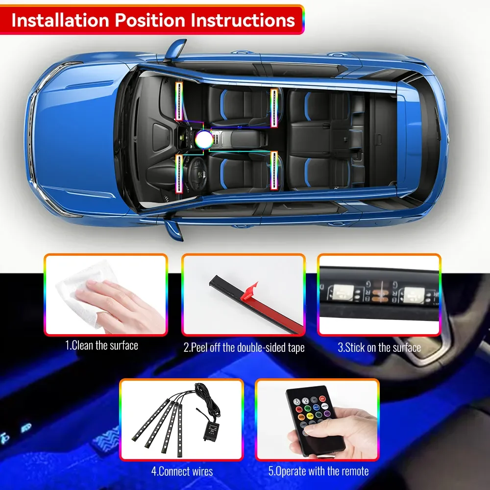 Neon 36 48 72 LED Car Interior Ambient Foot Light Wireless Remote Music APP Control Auto RGB Atmosphere Decorative Lamp