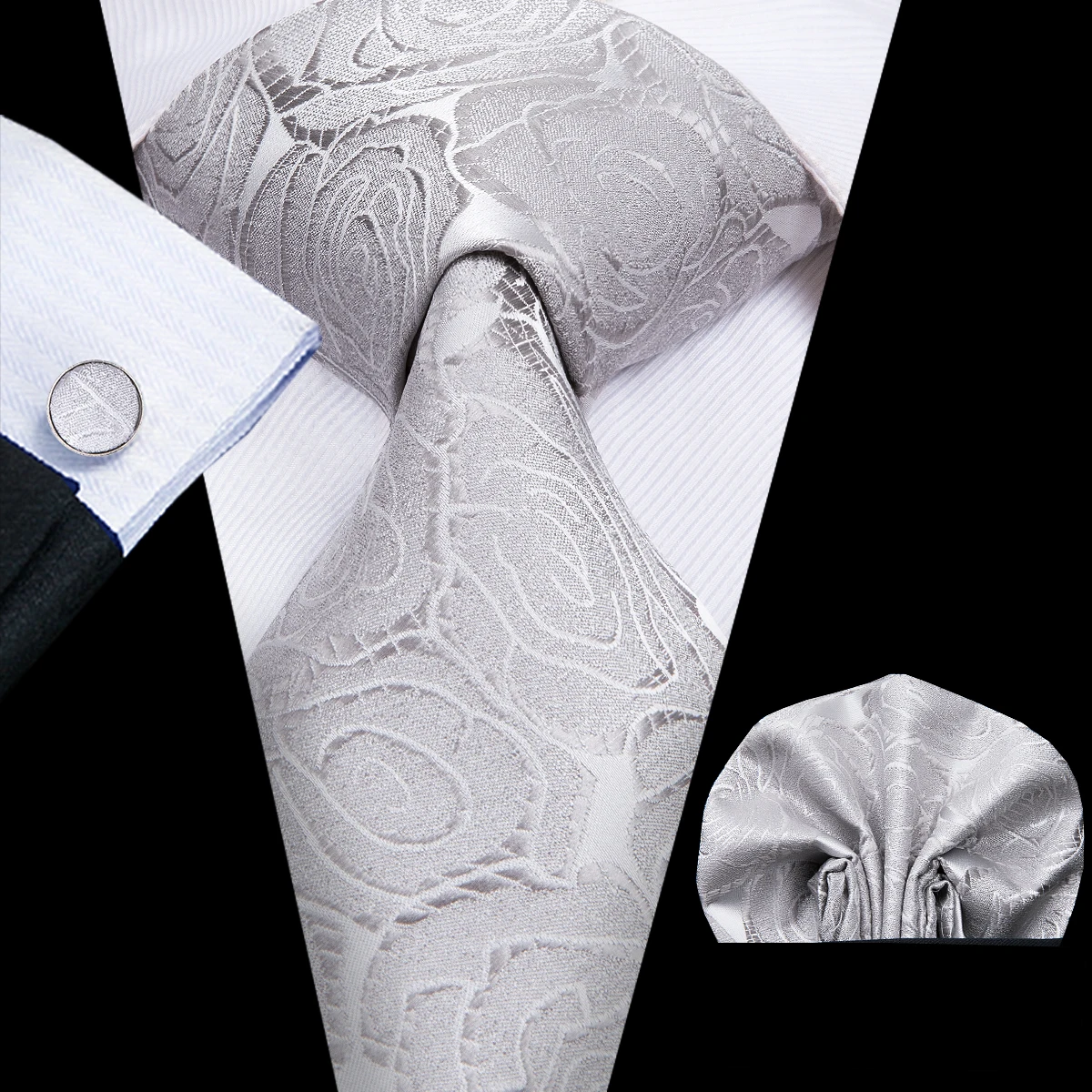 Hi-Tie Luxury Silver Novelty Men Tie Gravata Wedding Necktie For Men Hanky Cufflink Set Fashion Design BusinessDropshipping