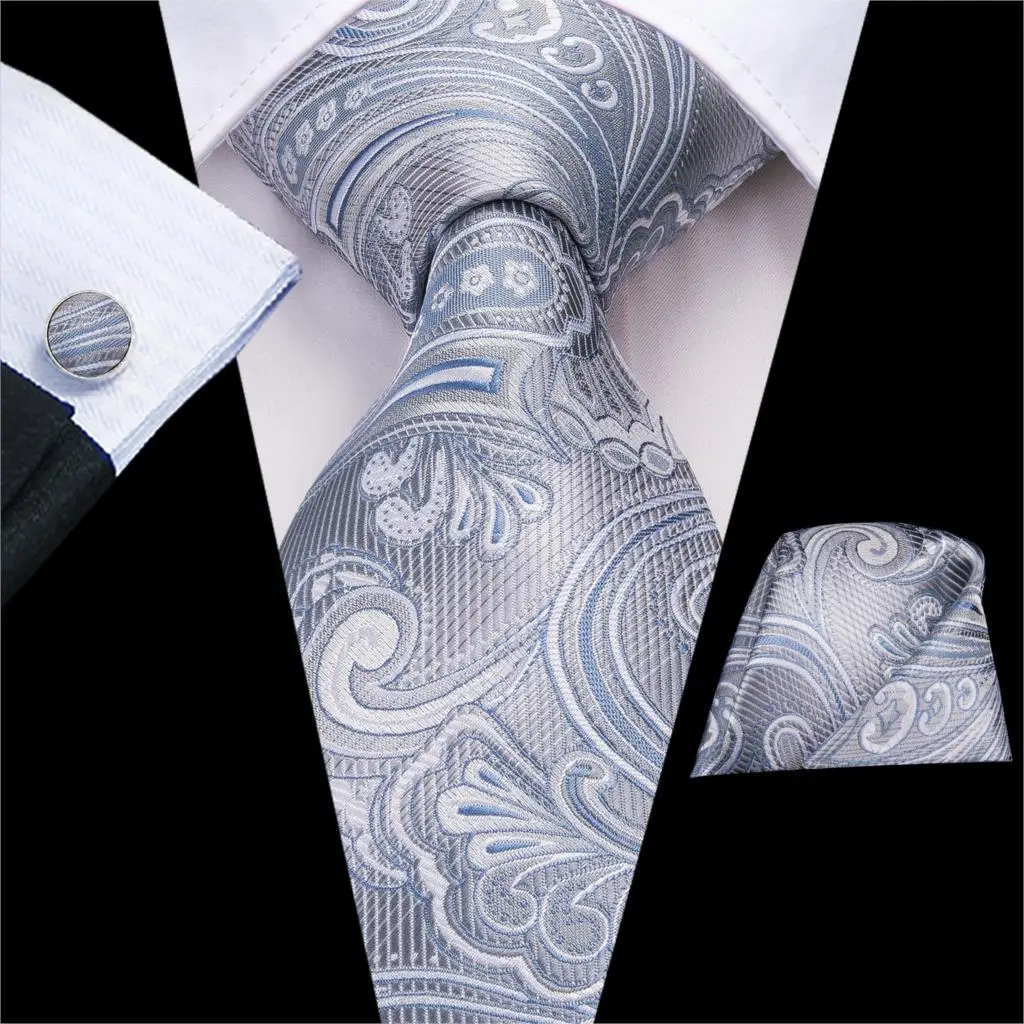 Hi-Tie Luxury Silver Novelty Men Tie Gravata Wedding Necktie For Men Hanky Cufflink Set Fashion Design BusinessDropshipping