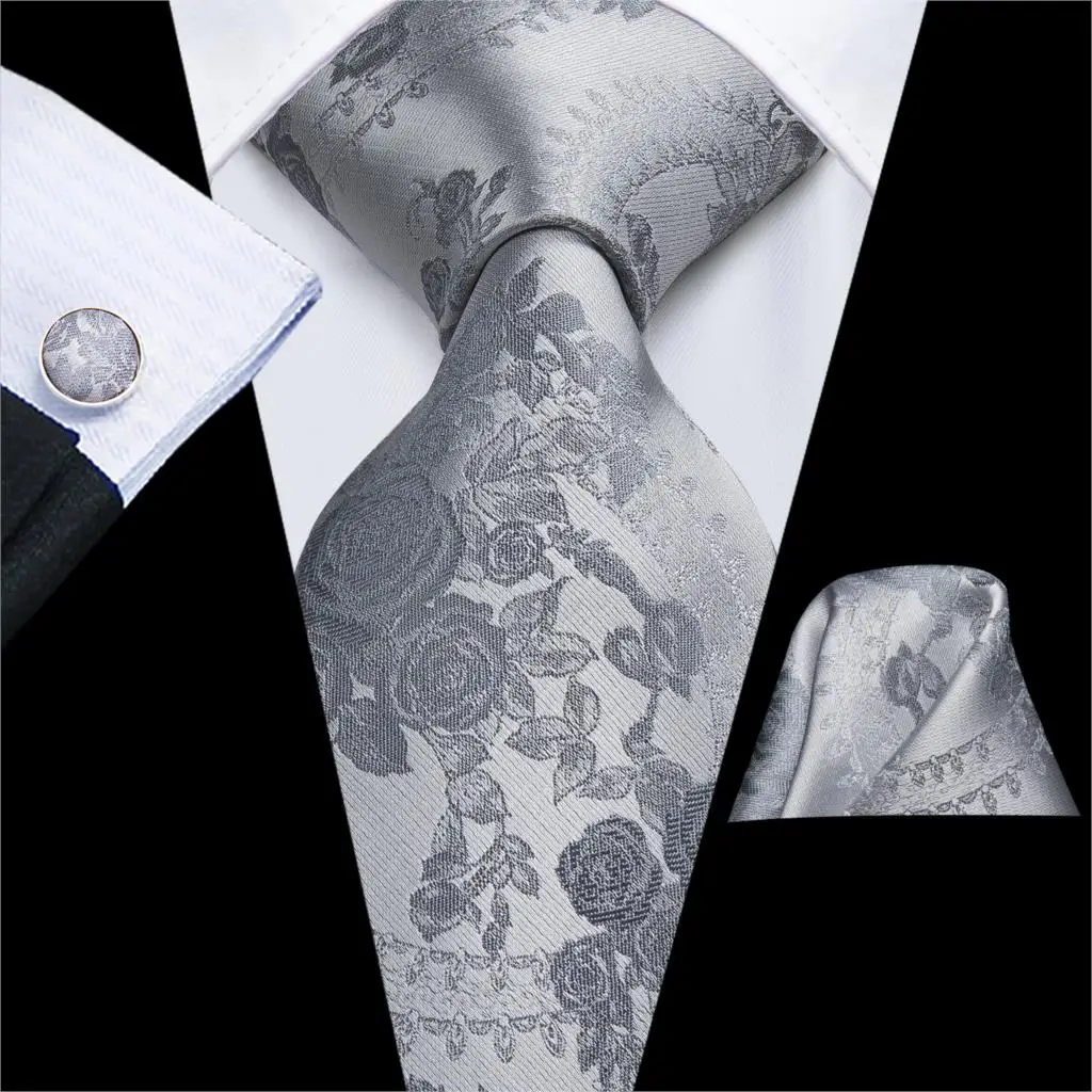 Hi-Tie Luxury Silver Novelty Men Tie Gravata Wedding Necktie For Men Hanky Cufflink Set Fashion Design BusinessDropshipping