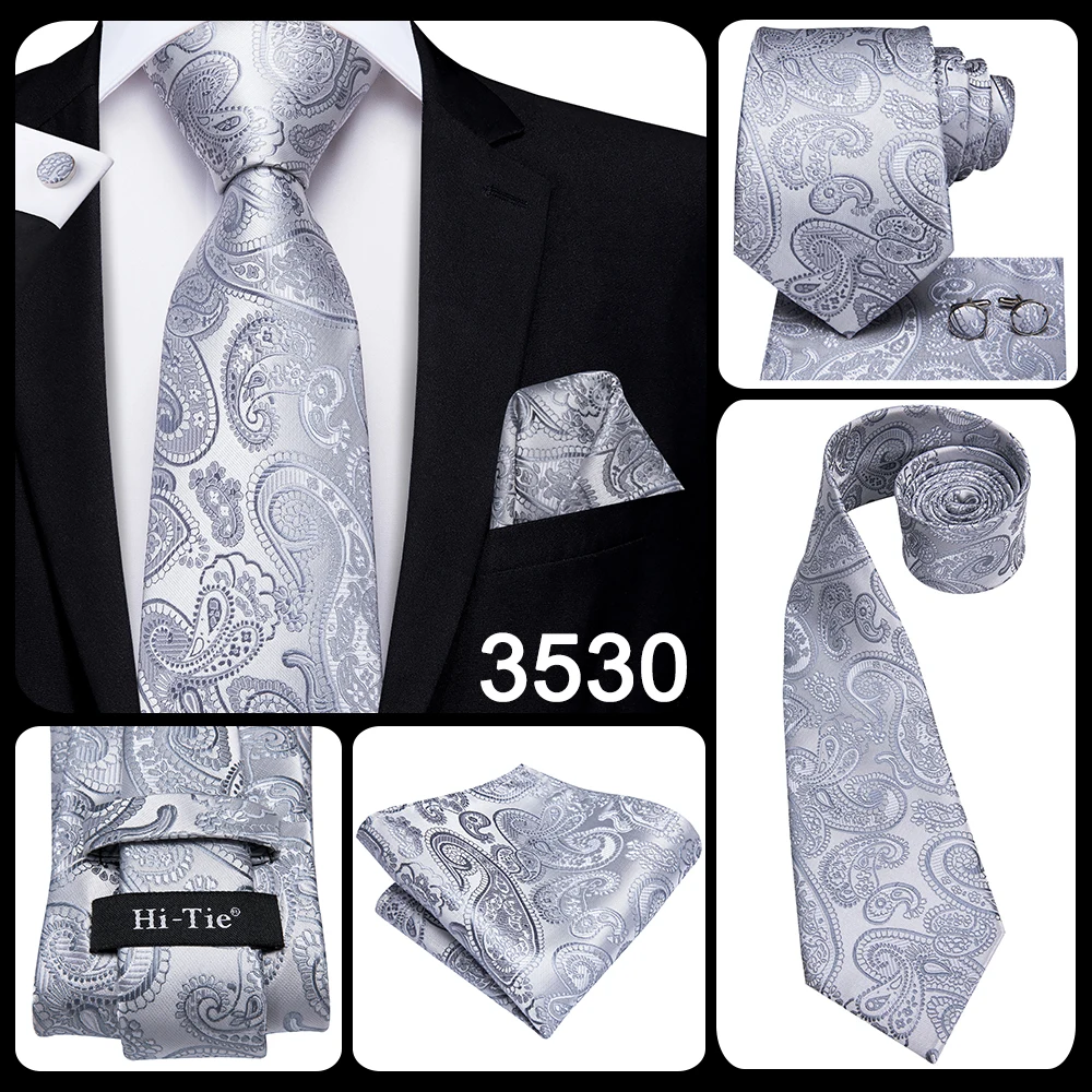 Hi-Tie Luxury Silver Novelty Men Tie Gravata Wedding Necktie For Men Hanky Cufflink Set Fashion Design BusinessDropshipping