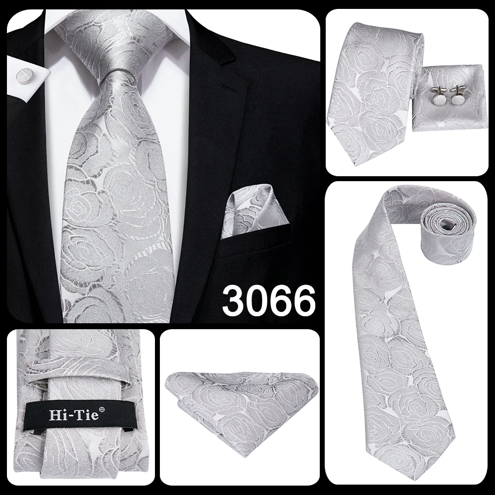 Hi-Tie Luxury Silver Novelty Men Tie Gravata Wedding Necktie For Men Hanky Cufflink Set Fashion Design BusinessDropshipping