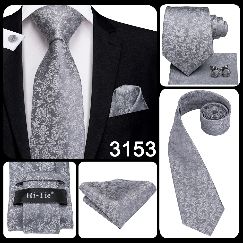 Hi-Tie Luxury Silver Novelty Men Tie Gravata Wedding Necktie For Men Hanky Cufflink Set Fashion Design BusinessDropshipping