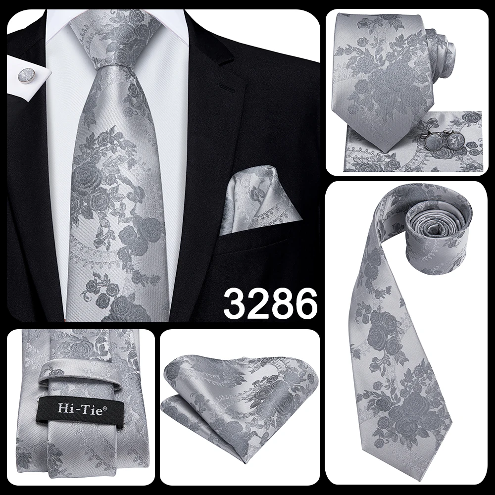 Hi-Tie Luxury Silver Novelty Men Tie Gravata Wedding Necktie For Men Hanky Cufflink Set Fashion Design BusinessDropshipping