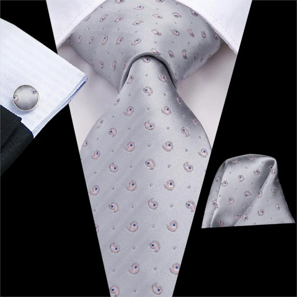 Hi-Tie Luxury Silver Novelty Men Tie Gravata Wedding Necktie For Men Hanky Cufflink Set Fashion Design BusinessDropshipping