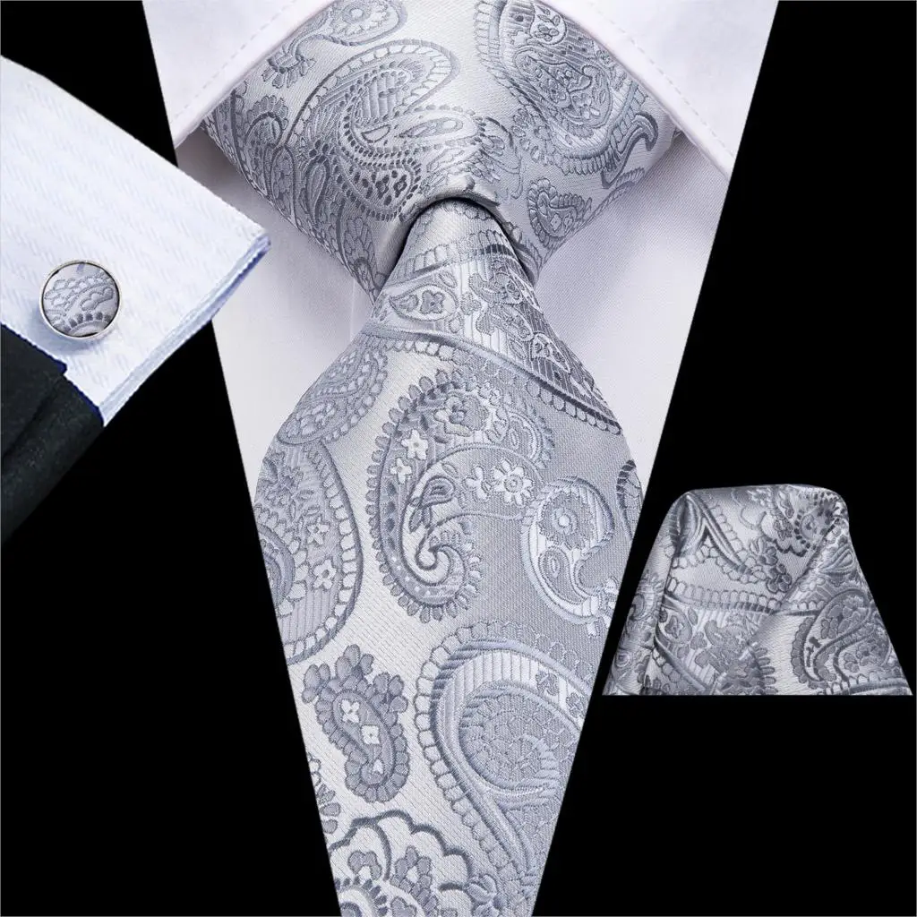 Hi-Tie Luxury Silver Novelty Men Tie Gravata Wedding Necktie For Men Hanky Cufflink Set Fashion Design BusinessDropshipping