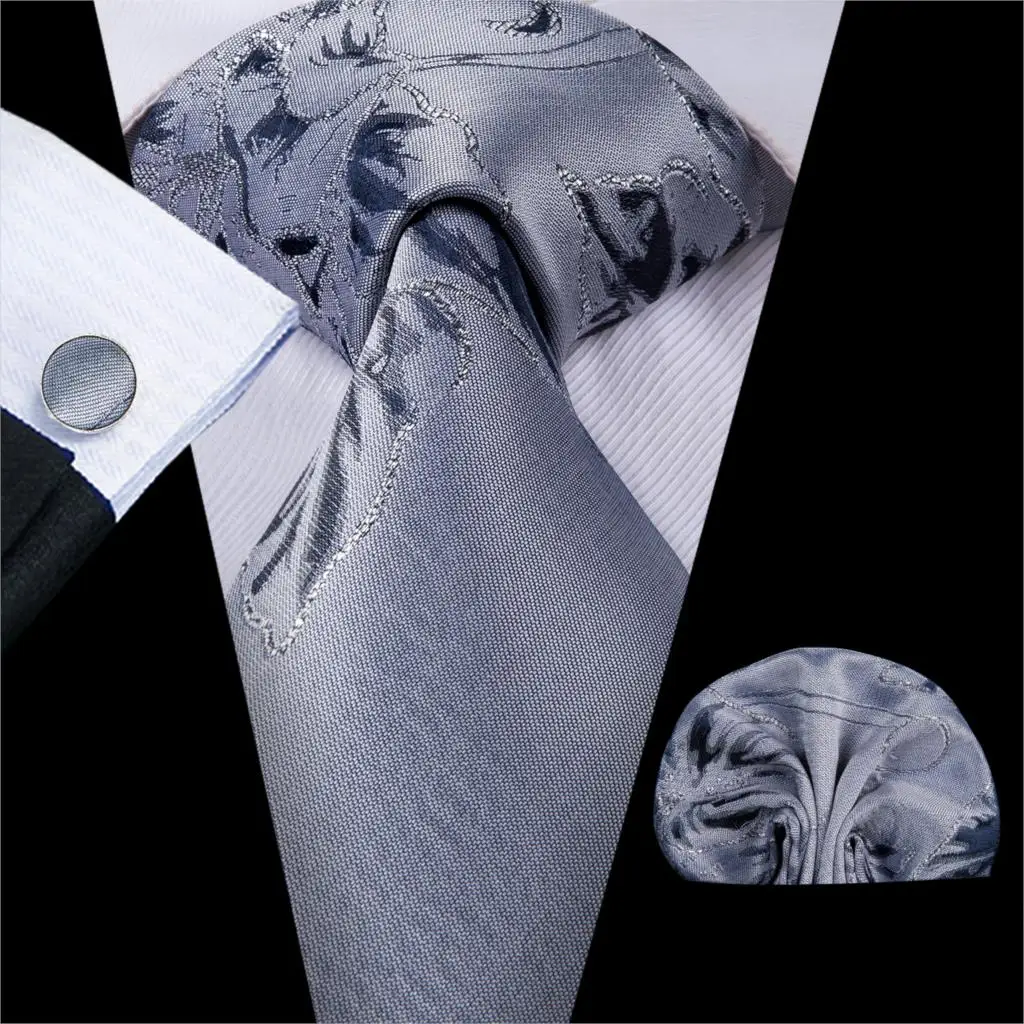Hi-Tie Luxury Silver Novelty Men Tie Gravata Wedding Necktie For Men Hanky Cufflink Set Fashion Design BusinessDropshipping