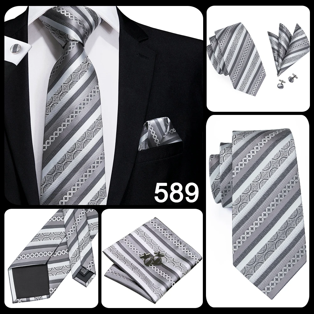 Hi-Tie Luxury Silver Novelty Men Tie Gravata Wedding Necktie For Men Hanky Cufflink Set Fashion Design BusinessDropshipping