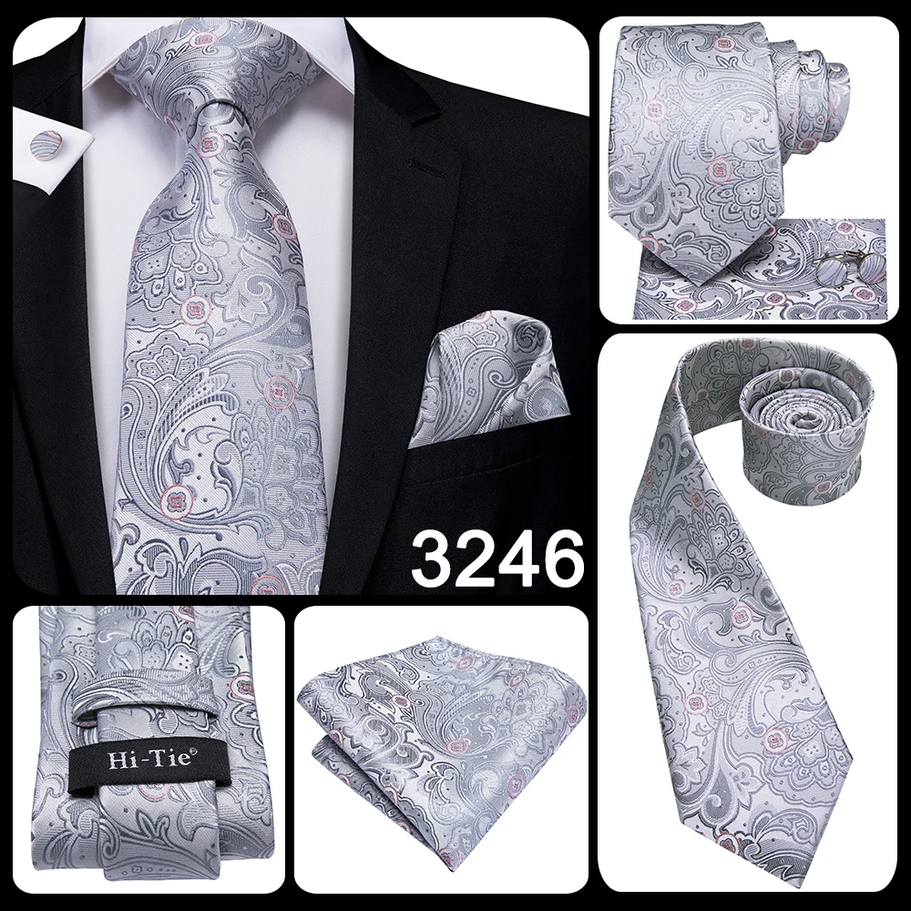 Hi-Tie Luxury Silver Novelty Men Tie Gravata Wedding Necktie For Men Hanky Cufflink Set Fashion Design BusinessDropshipping